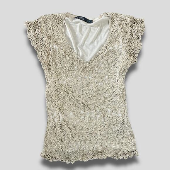 DRESS BARN VINTAGE Y2K CROCHETED BOHO WESTERN KNIT CAP SLEEVE TOP CREAM - L - Picture 1 of 8